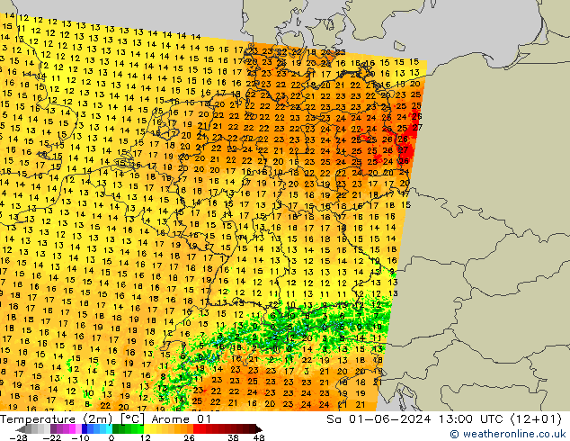Temperatuurkaart (2m) Arome 01 za 01.06.2024 13 UTC