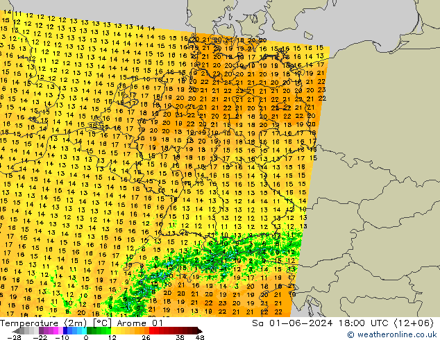 Temperatura (2m) Arome 01 sáb 01.06.2024 18 UTC