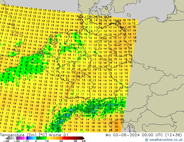 Temperatura (2m) Arome 01 lun 03.06.2024 00 UTC