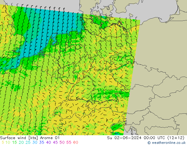 Rüzgar 10 m Arome 01 Paz 02.06.2024 00 UTC