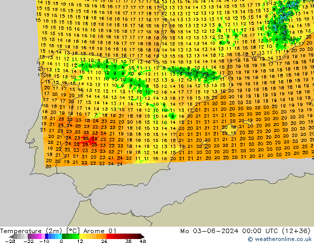 Temperatuurkaart (2m) Arome 01 ma 03.06.2024 00 UTC