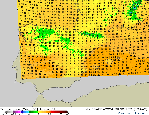 Temperaturkarte (2m) Arome 01 Mo 03.06.2024 06 UTC