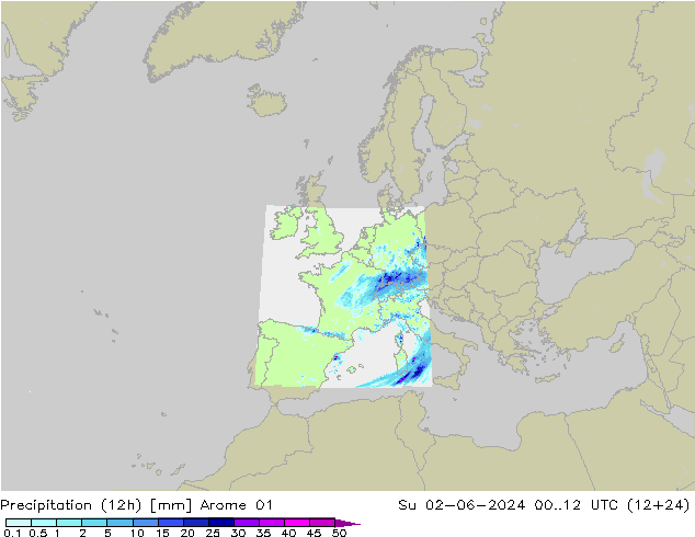 Precipitazione (12h) Arome 01 dom 02.06.2024 12 UTC