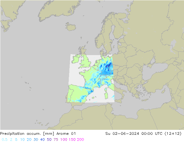 Precipitation accum. Arome 01 Su 02.06.2024 00 UTC