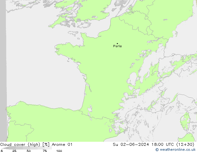 Bewolking (Hoog) Arome 01 zo 02.06.2024 18 UTC