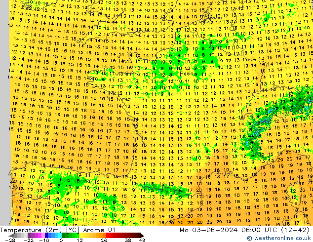 Temperature (2m) Arome 01 Mo 03.06.2024 06 UTC