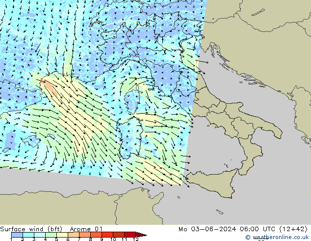 Rüzgar 10 m (bft) Arome 01 Pzt 03.06.2024 06 UTC