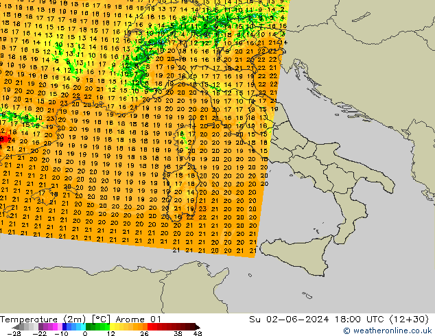 Temperatuurkaart (2m) Arome 01 zo 02.06.2024 18 UTC