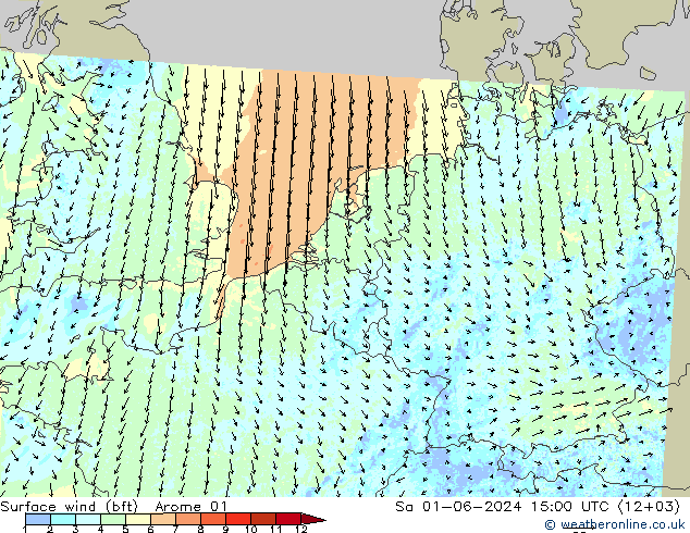 Rüzgar 10 m (bft) Arome 01 Cts 01.06.2024 15 UTC