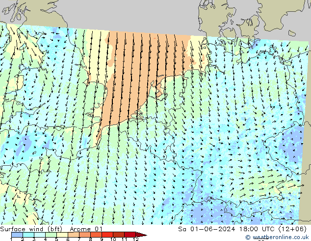 Surface wind (bft) Arome 01 So 01.06.2024 18 UTC