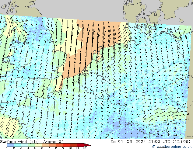 Wind 10 m (bft) Arome 01 za 01.06.2024 21 UTC