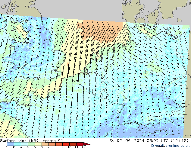 wiatr 10 m (bft) Arome 01 nie. 02.06.2024 06 UTC