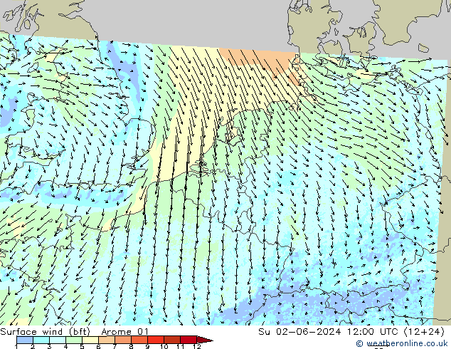 Vent 10 m (bft) Arome 01 dim 02.06.2024 12 UTC