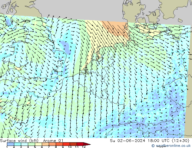 Surface wind (bft) Arome 01 Su 02.06.2024 18 UTC