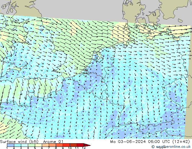 Surface wind (bft) Arome 01 Mo 03.06.2024 06 UTC