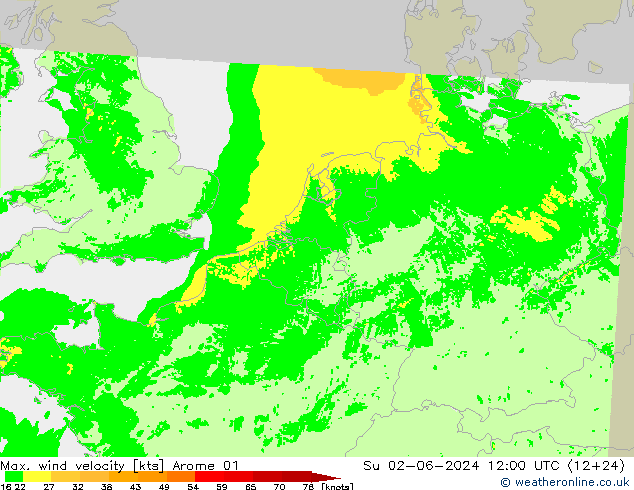 Max. wind velocity Arome 01 Su 02.06.2024 12 UTC