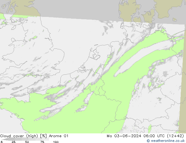 Cloud cover (high) Arome 01 Mo 03.06.2024 06 UTC