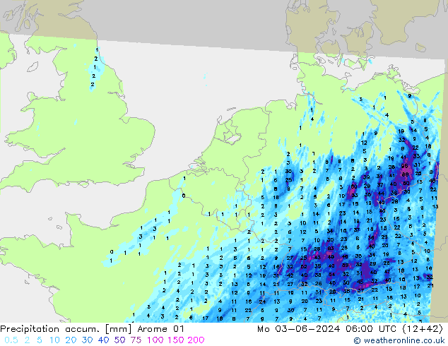 Precipitation accum. Arome 01 Mo 03.06.2024 06 UTC