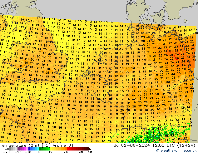 Temperaturkarte (2m) Arome 01 So 02.06.2024 12 UTC