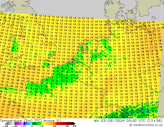 Temperatuurkaart (2m) Arome 01 ma 03.06.2024 00 UTC