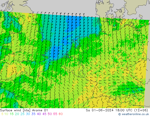 ветер 10 m Arome 01 сб 01.06.2024 18 UTC