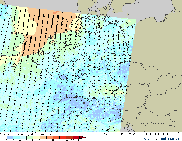 Vento 10 m (bft) Arome 01 sab 01.06.2024 19 UTC