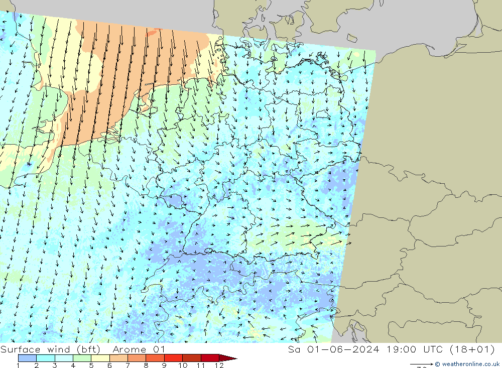 Surface wind (bft) Arome 01 Sa 01.06.2024 19 UTC