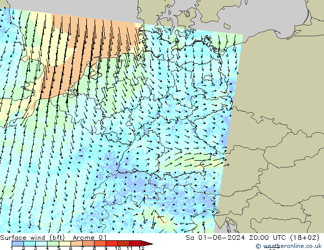 Bodenwind (bft) Arome 01 Sa 01.06.2024 20 UTC