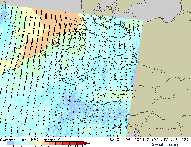 Wind 10 m (bft) Arome 01 za 01.06.2024 21 UTC