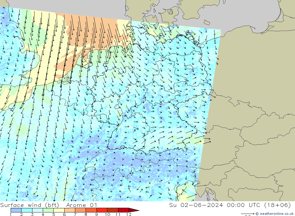 Surface wind (bft) Arome 01 Su 02.06.2024 00 UTC