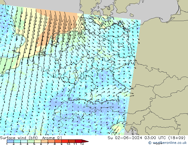 Wind 10 m (bft) Arome 01 zo 02.06.2024 03 UTC