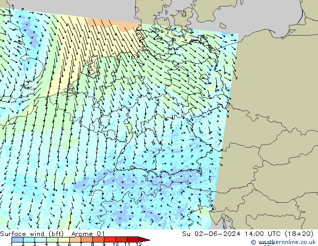 Wind 10 m (bft) Arome 01 zo 02.06.2024 14 UTC