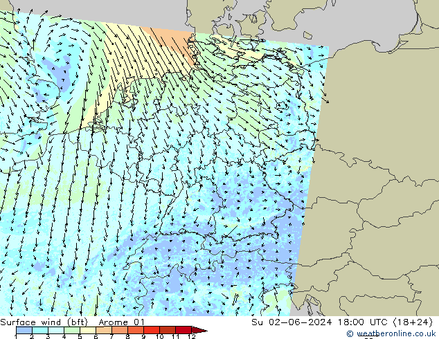 wiatr 10 m (bft) Arome 01 nie. 02.06.2024 18 UTC
