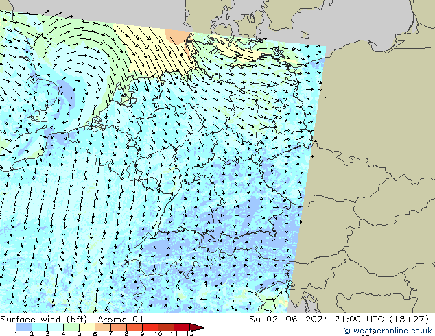 Surface wind (bft) Arome 01 Su 02.06.2024 21 UTC