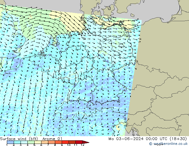 wiatr 10 m (bft) Arome 01 pon. 03.06.2024 00 UTC