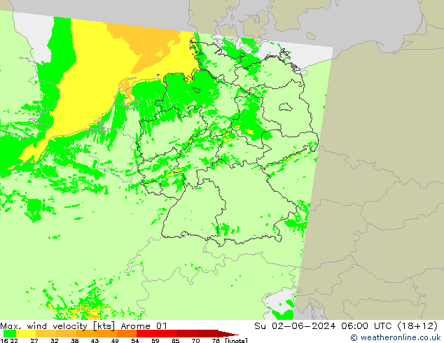 Max. wind velocity Arome 01 dom 02.06.2024 06 UTC