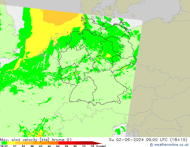 Max. wind velocity Arome 01  02.06.2024 09 UTC