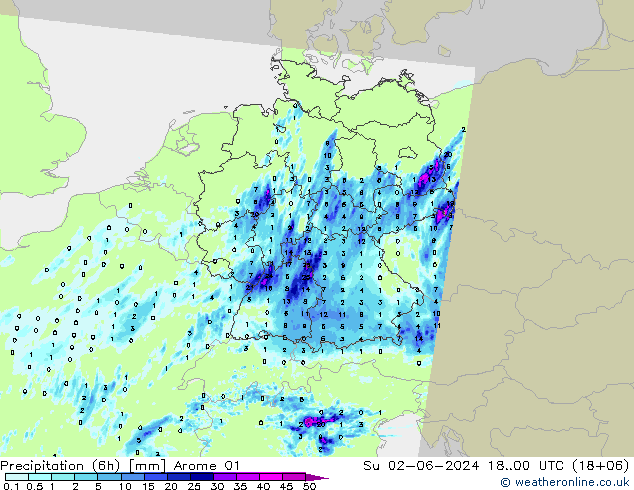 Yağış (6h) Arome 01 Paz 02.06.2024 00 UTC