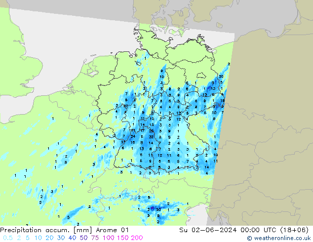 Precipitation accum. Arome 01  02.06.2024 00 UTC