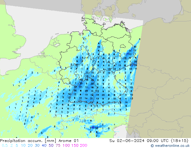 Precipitation accum. Arome 01 dom 02.06.2024 09 UTC