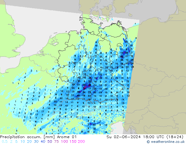 Precipitation accum. Arome 01 Ne 02.06.2024 18 UTC