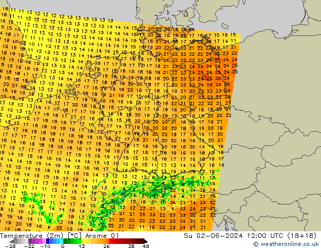 Temperature (2m) Arome 01 Ne 02.06.2024 12 UTC