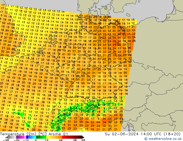 Temperaturkarte (2m) Arome 01 So 02.06.2024 14 UTC