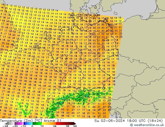 Sıcaklık Haritası (2m) Arome 01 Paz 02.06.2024 18 UTC