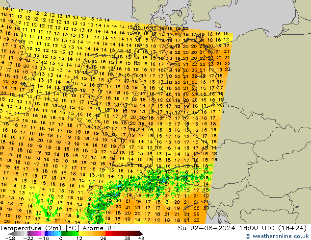 Temperature (2m) Arome 01 Ne 02.06.2024 18 UTC