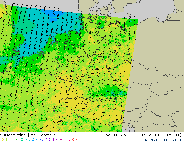 Rüzgar 10 m Arome 01 Cts 01.06.2024 19 UTC