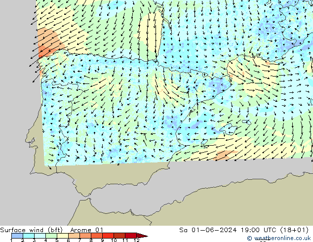 Viento 10 m (bft) Arome 01 sáb 01.06.2024 19 UTC