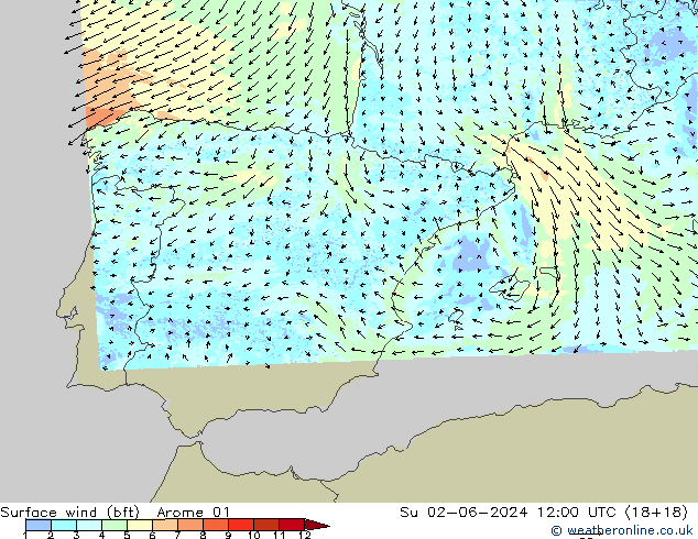 Vento 10 m (bft) Arome 01 Dom 02.06.2024 12 UTC