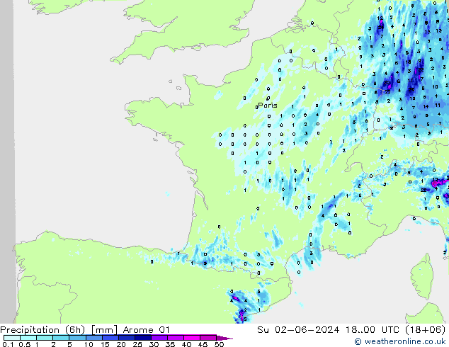 Precipitation (6h) Arome 01 Su 02.06.2024 00 UTC