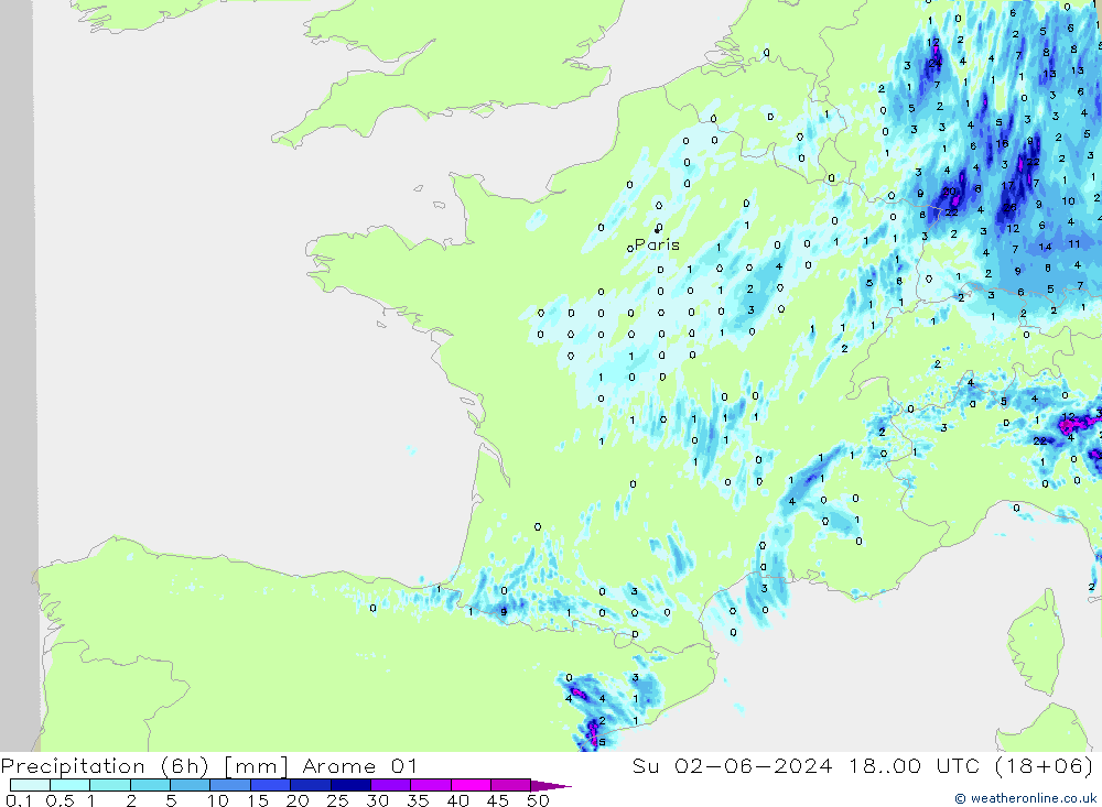 Yağış (6h) Arome 01 Paz 02.06.2024 00 UTC